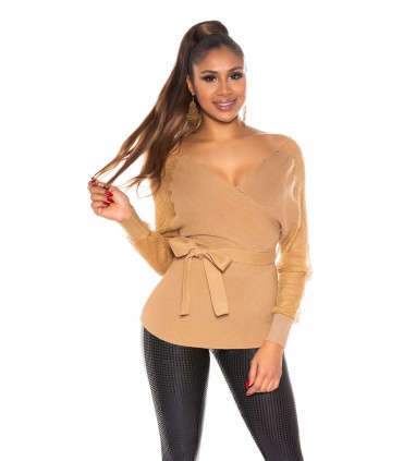 Koucla cappuccino spetsärm wrap-look v-stickad med bälte