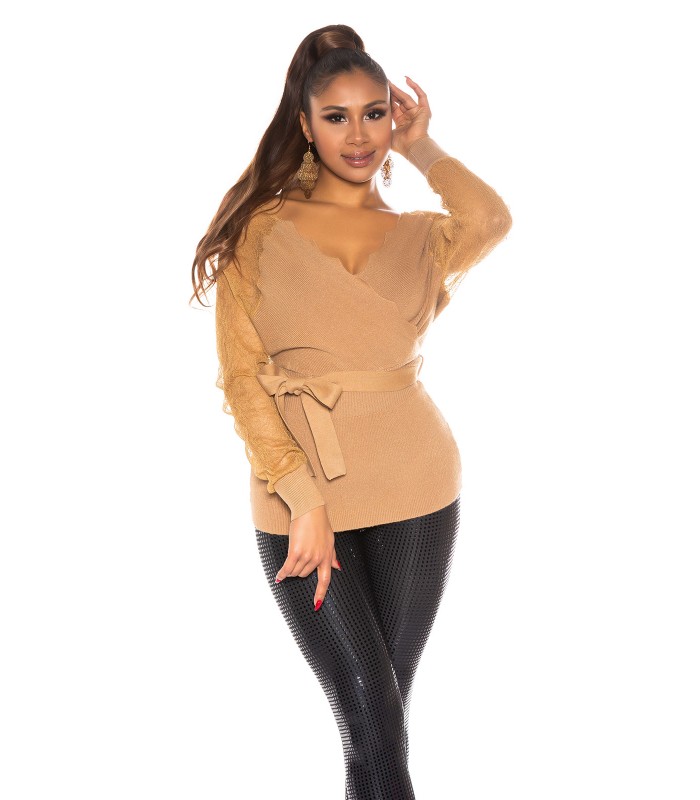 Koucla cappuccino spetsärm wrap-look v-stickad med bälte – kuva 3