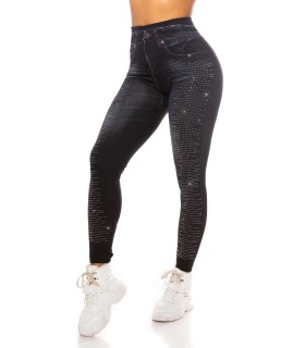 Black high-waisted denim leggings with rhine-tinted decorations