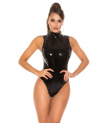 Koucla svart ärmlös latex look bodysuit