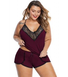 Burgundy lace-ornamented shortspyjama (plus size)