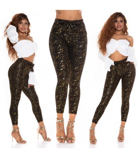 Black and gold high-waisted treggings with belt