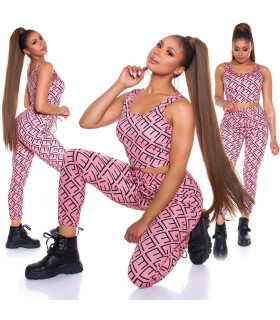 Pinkki crop top printtikuvioinen joggerisetti