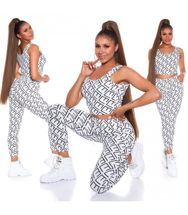 Valkoinen crop top printtikuvioinen joggerisetti