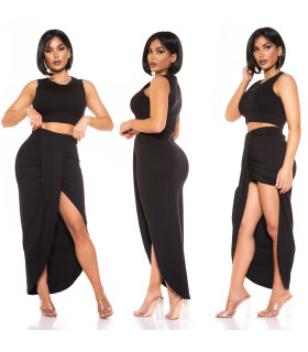 Black wrap-look slitohame + short top