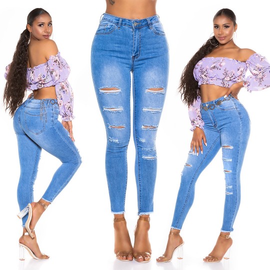 Blue ripped jeans with slits