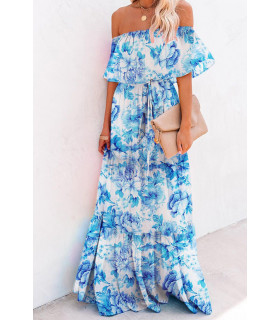 Sinivalkoinen ruusukuvioinen off-shoulder maksimekko