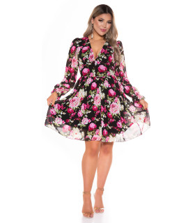 Black floral pattern long sleeved v-dress
