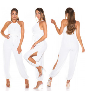 White jumpsuit with belt and slits