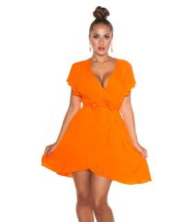 Orange short-sleeved wrap-look v-dress with belt