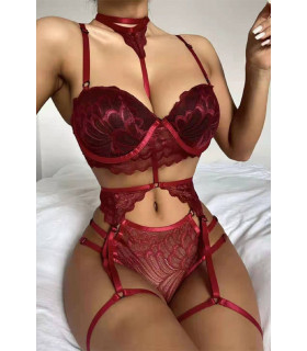 Burgundy lace choker garter vest set