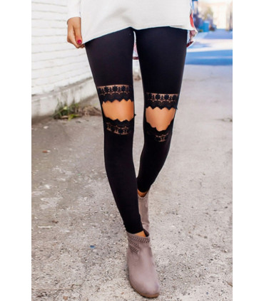 Svarta spetsornade leggings med slitsar