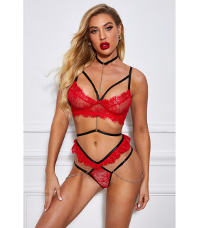 Red and black lace and chain lingerie set