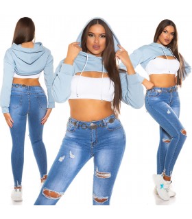 Ljusblå superkort långärmad hoodie [UPPTÄCKT]