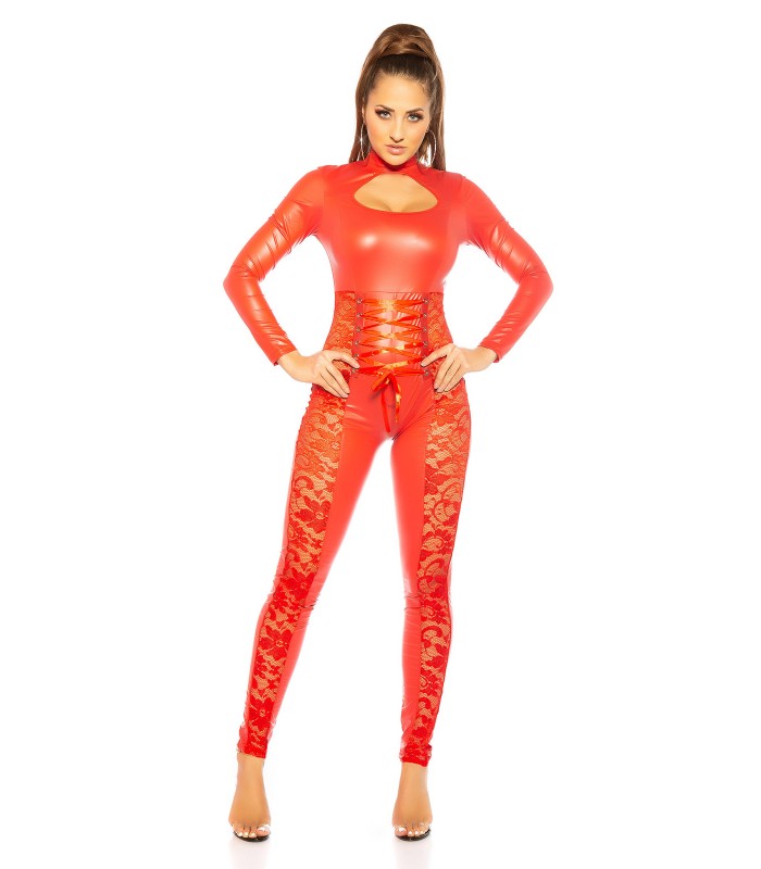Koucla punainen wetlook catsuit nyöreillä ja pitsillä