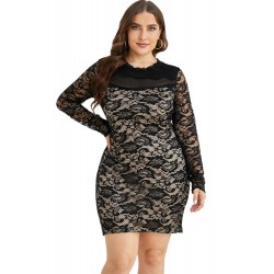 Pitkähihainen mustanude pitsikoristeinen mekko (plus size) [LÖYTÖ]
