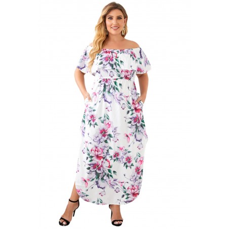 Vitt blommönster off-shoulder maximakko (plus storlek)