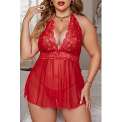 Punainen pitsikoristeinen halterneck-babydoll (plus size)