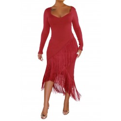 Red Long Sleeve Fringed Dress [LAST CHANCE]
