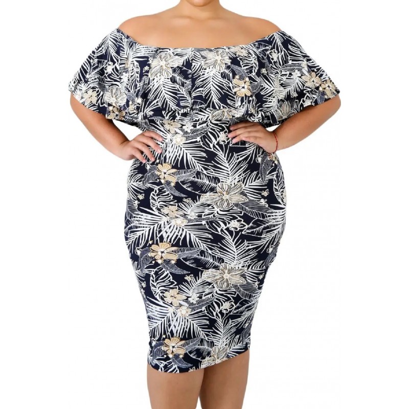 Blommönster off-shoulder midimekko med volang (plus storlek)