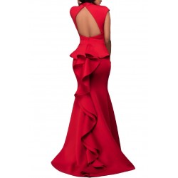 Red long party dress with rear ruffle [LAST CHANCE]