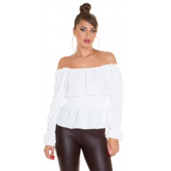 Valkoinen pitkähihainen off-shoulder pusero