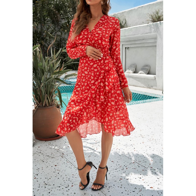 Punainen lehtikuvioinen wrap-look v-mekko – kuva 3