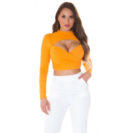 Koucla orange kort v-ribbad skjorta med kikande hål