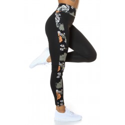 Black leggings with floral patterned stripes