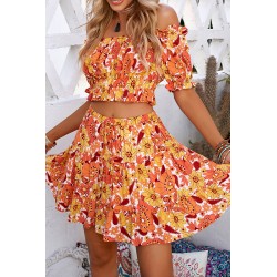 Orange floral pattern skirt set