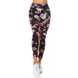 Mustat pinkkikukkakuvioiset leggingsit