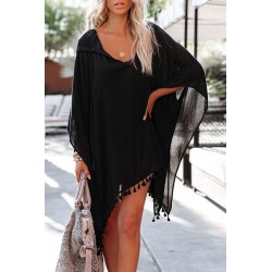 Black beach tunic with fringes and hood