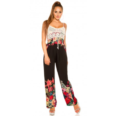 Musta kukkakuvioinen jumpsuit virkkauksella