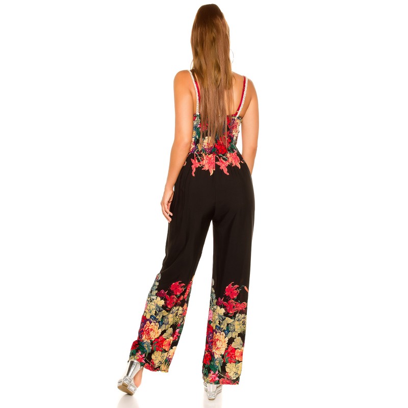 Musta kukkakuvioinen jumpsuit virkkauksella – kuva 3