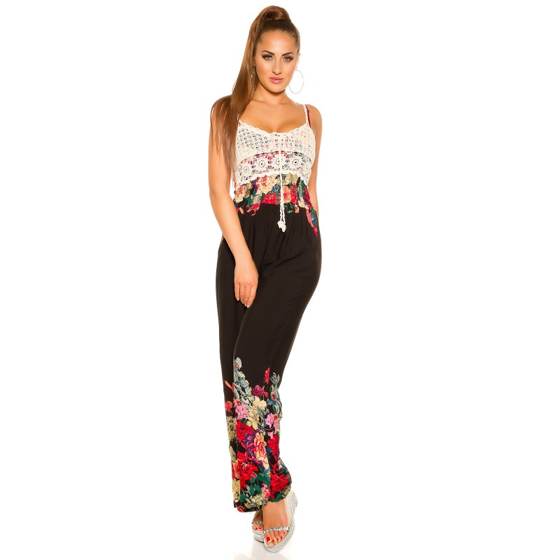 Musta kukkakuvioinen jumpsuit virkkauksella – kuva 4