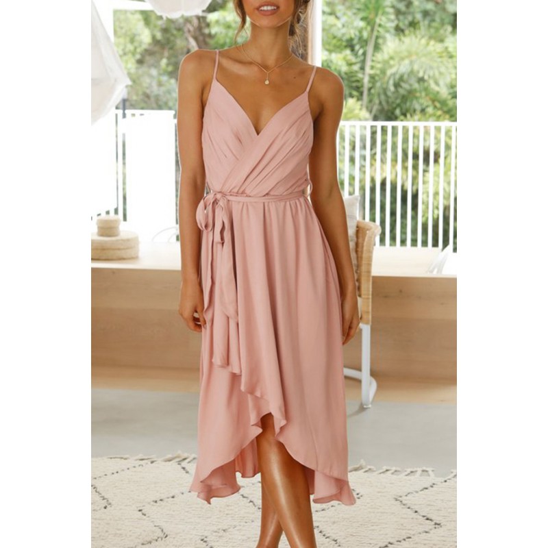 Vaaleanpunainen wrap-look high low v-mekko