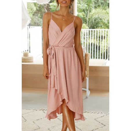 Rosa wrap-look hög låg v klänning