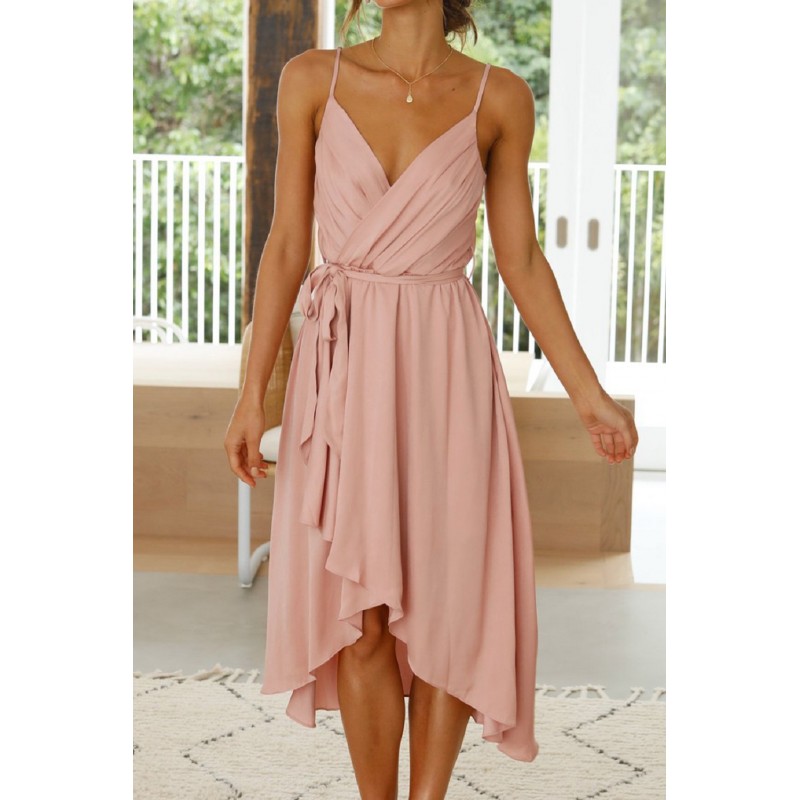 Vaaleanpunainen wrap-look high low v-mekko – kuva 4