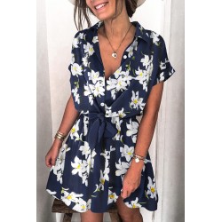 Blue floral pattern shirt dress with belt