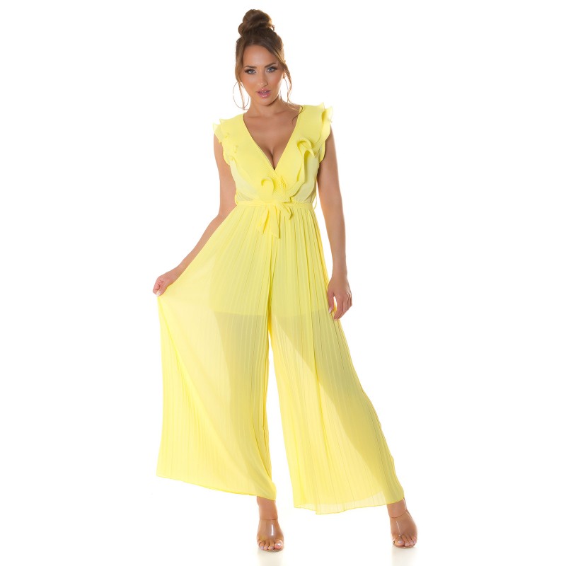 Keltainen v-röyhelöjumpsuit vyöllä