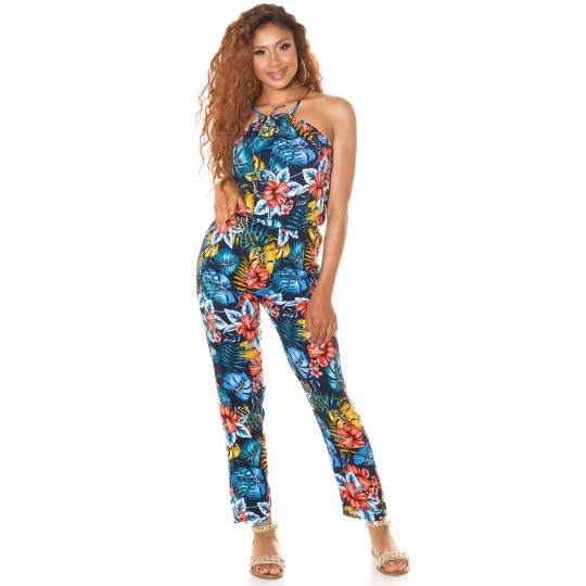 Blåblommig och bladmönstrad...