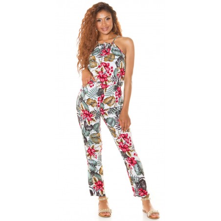 Vit blommig och bladmönstrad jumpsuit