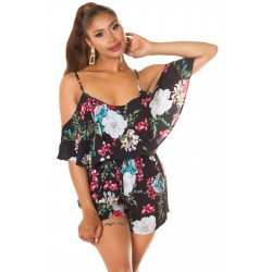 Musta kukkakuvioinen playsuit liehuksella