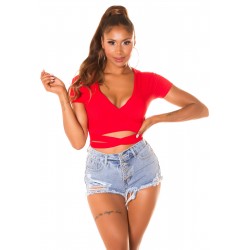 Koucla red short v-ribbed shirt with ribbons