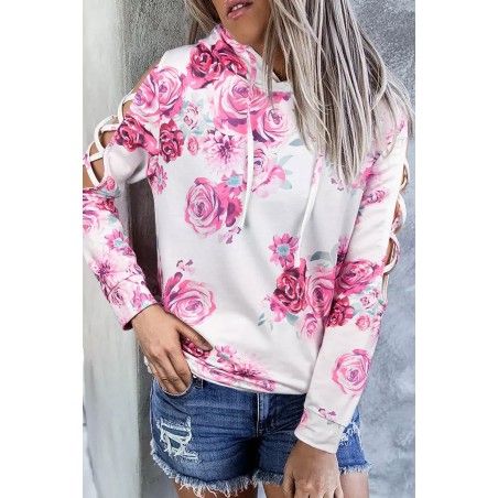 Vit rosa-mönstrad hoodie med gallerärmar