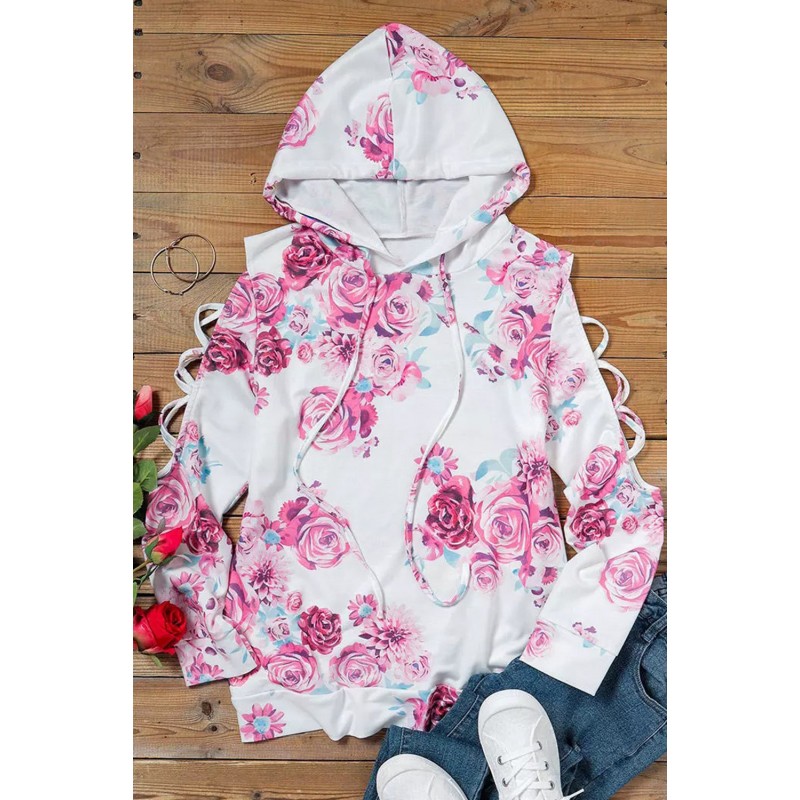 Vit rosa-mönstrad hoodie med gallerärmar – kuva 2