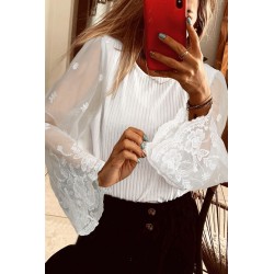 White rib shirt with decorative embroidered mesh sleeves