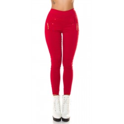 Red high-waisted treggings with pockets and ornaments