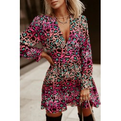 Colorful leopard print long-sleeved v-dress with buttons [DISCOVERY]