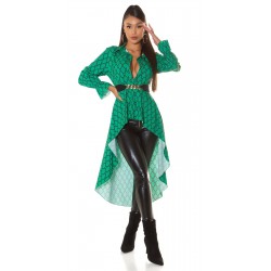 Green-and-black print pattern high low blouse with belt [DISCOVERY]